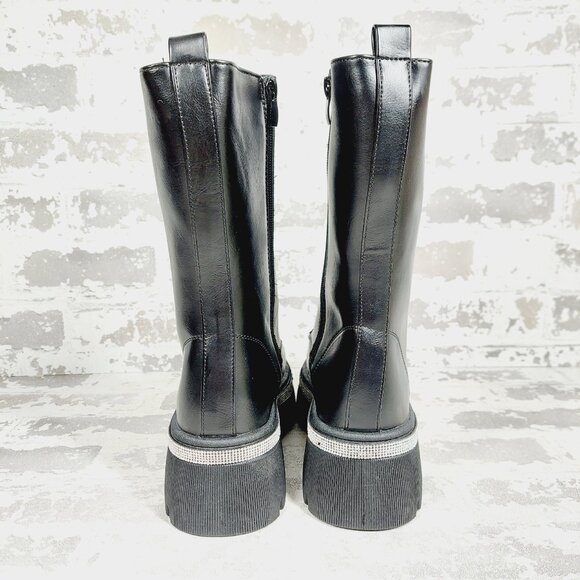 Wild Diva Munich-09 Faux Leather Lug Sole Rhinestone Lace-Up Combat Boots i128 - Picture 7 of 15